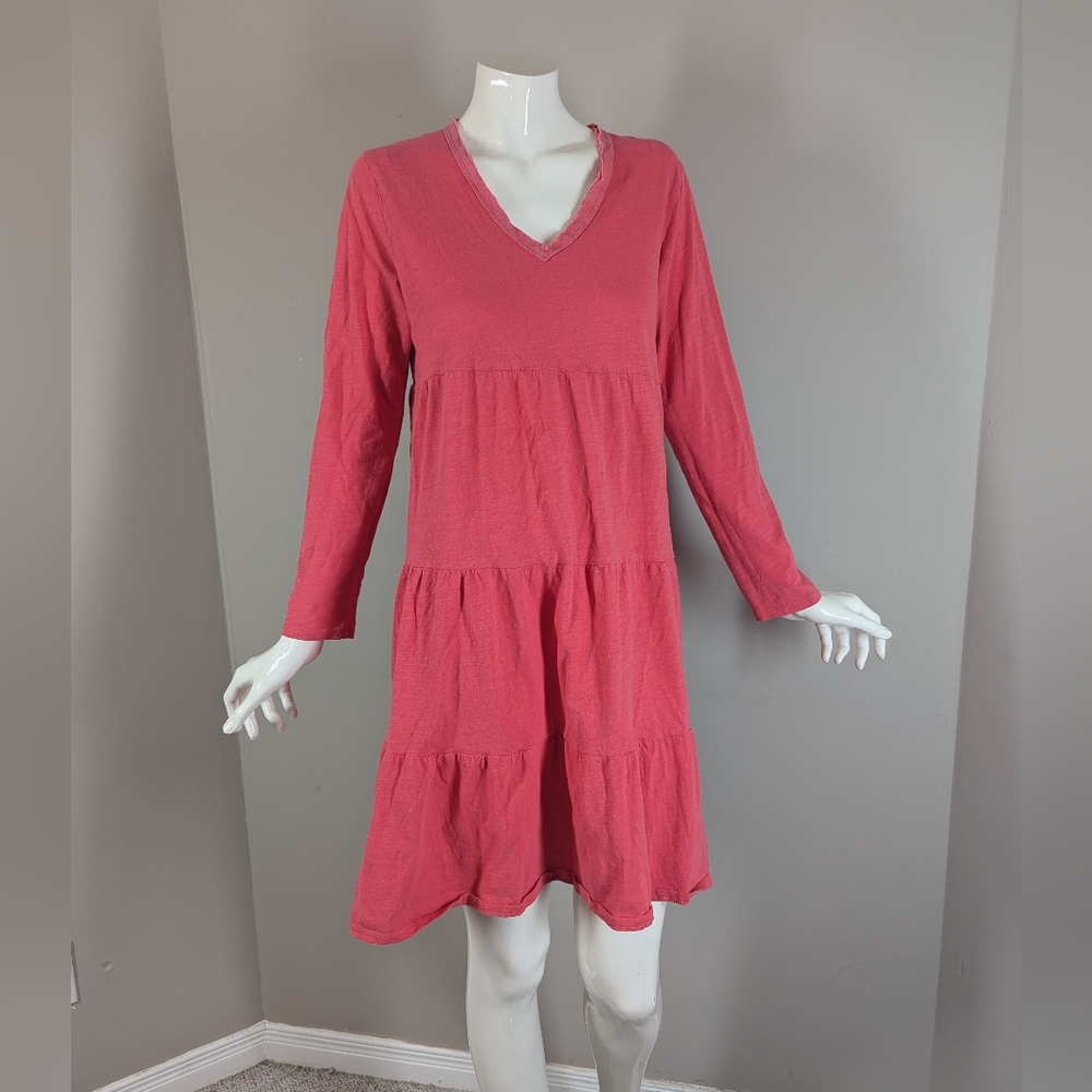 Uchuu Montreal Tiered Cotton Dress Pink Boho Babydoll Tunic Long Sleeve Small